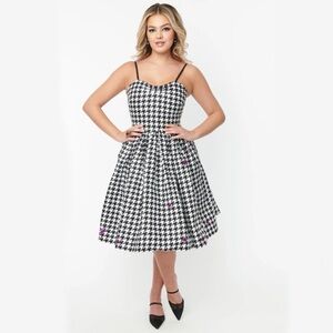 Unique Vintage Houndstooth & Purple Spiders Darcy Swing Dress